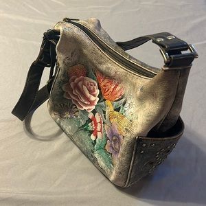 ANUSCHKA Classic Hobo with Studded Side Pockets, Birds and Flowers variant